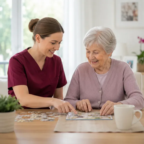 Betreuerin und Seniorin legen gemeinsam ein Puzzle