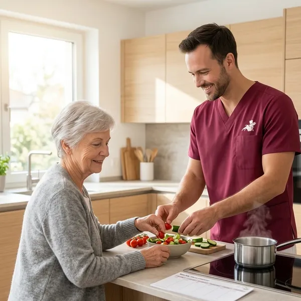 Betreuer bereitet mit einer Seniorin in der Küche einen Salat zu