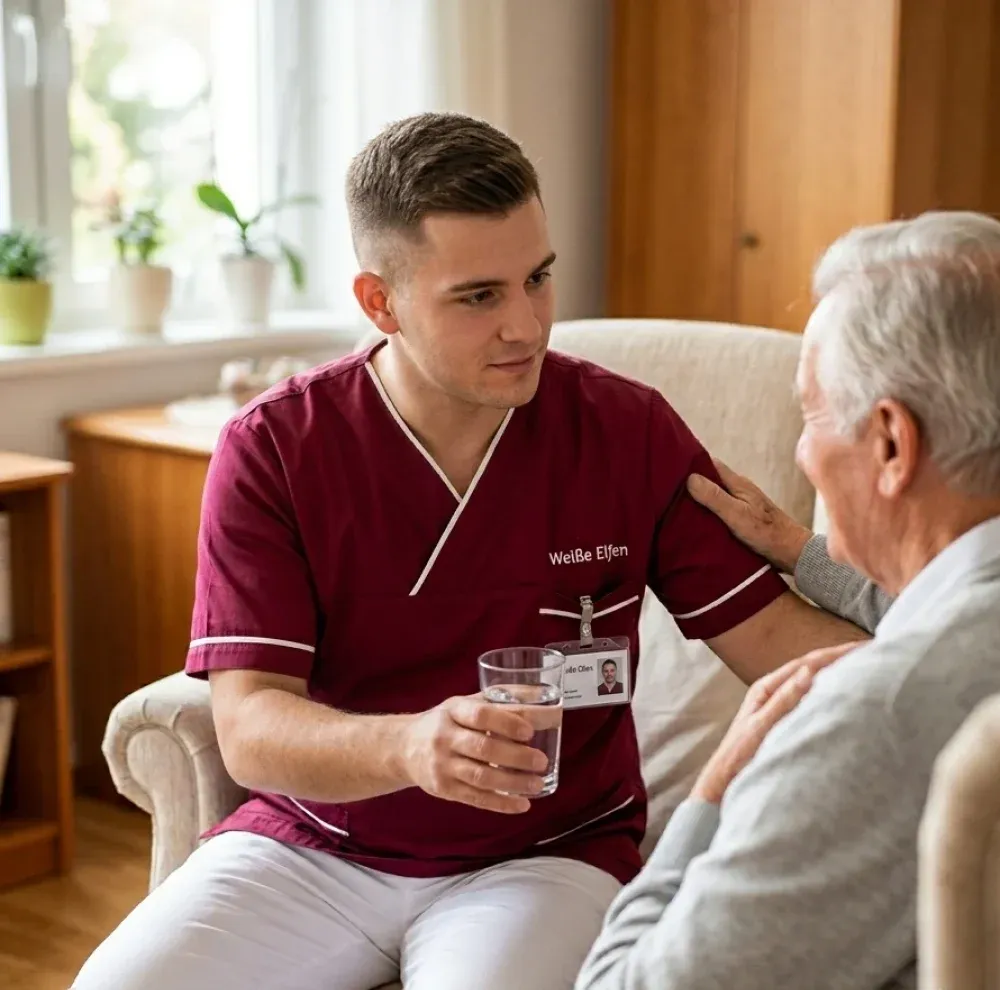 Betreuer reicht einem älteren Herrn im Sessel ein Glas Wasser