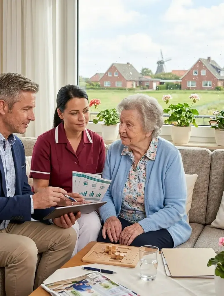 Betreuerin bespricht mit einer Seniorin und ihrem Sohn die Unterstützung